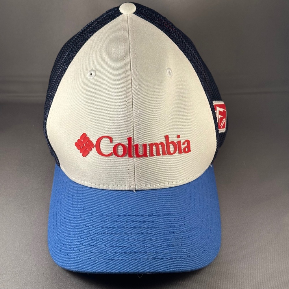 Columbia PFG Mens Mesh Trucker Hat Cap Flexfit Blue White Red Logo Snapback